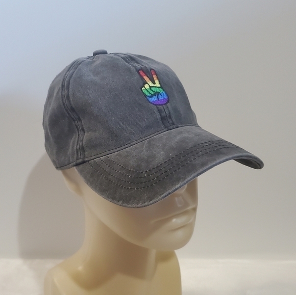 David and Young Black Washed Denim Baseball Hat Cap Peace Rainbow Pride … - Picture 1 of 12